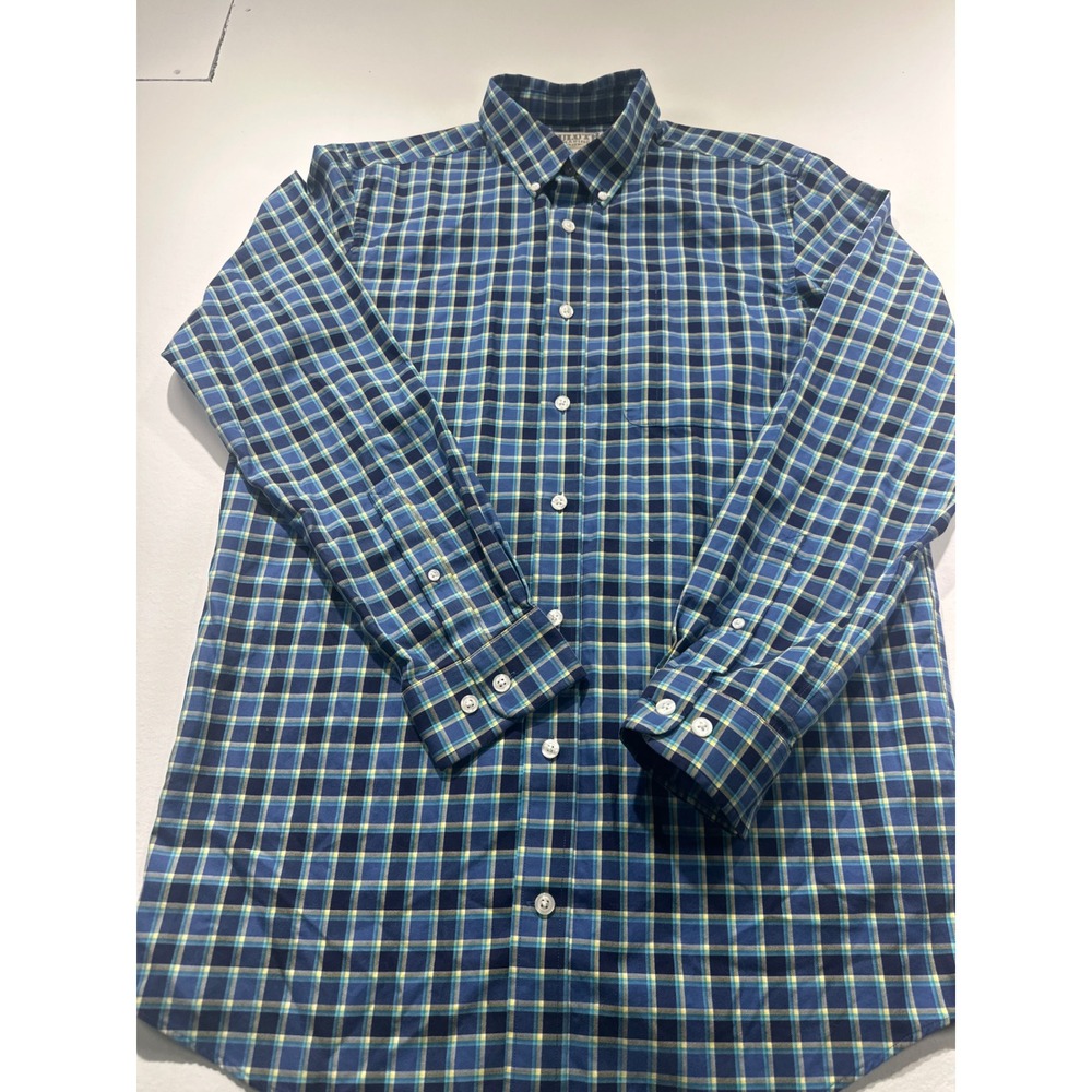 Duluth Trading Co Mens Large Tall Blue Yellow Plaid Slim Fit Cotton Button Down